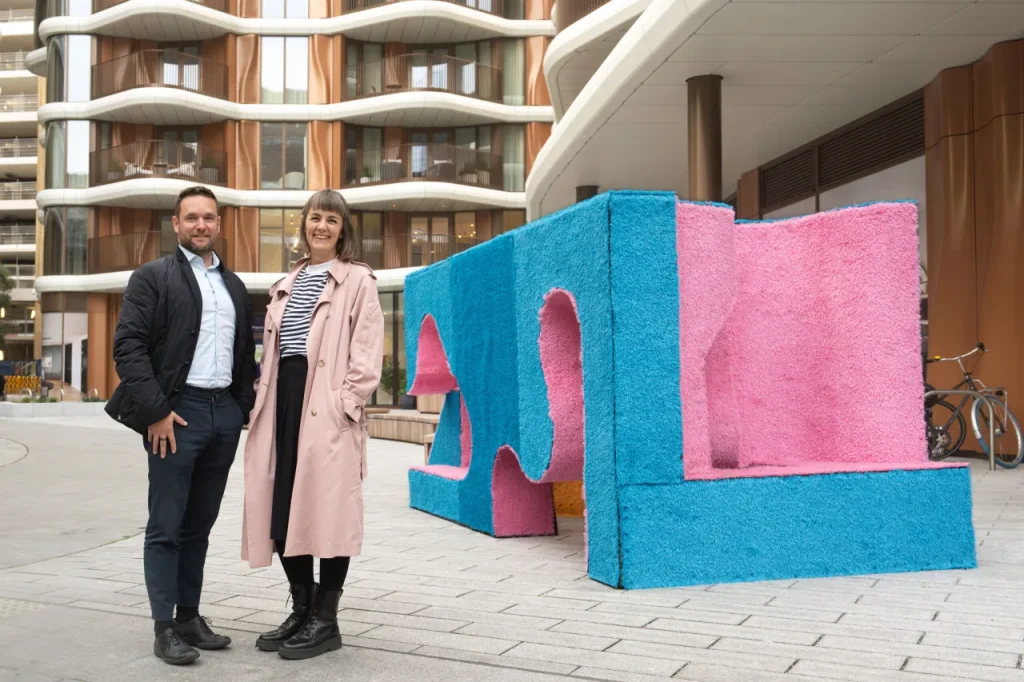 Nicole Gordon, Better Bankside CEO and Juraj Marko, JTRE MD next to the Urban Playground installation